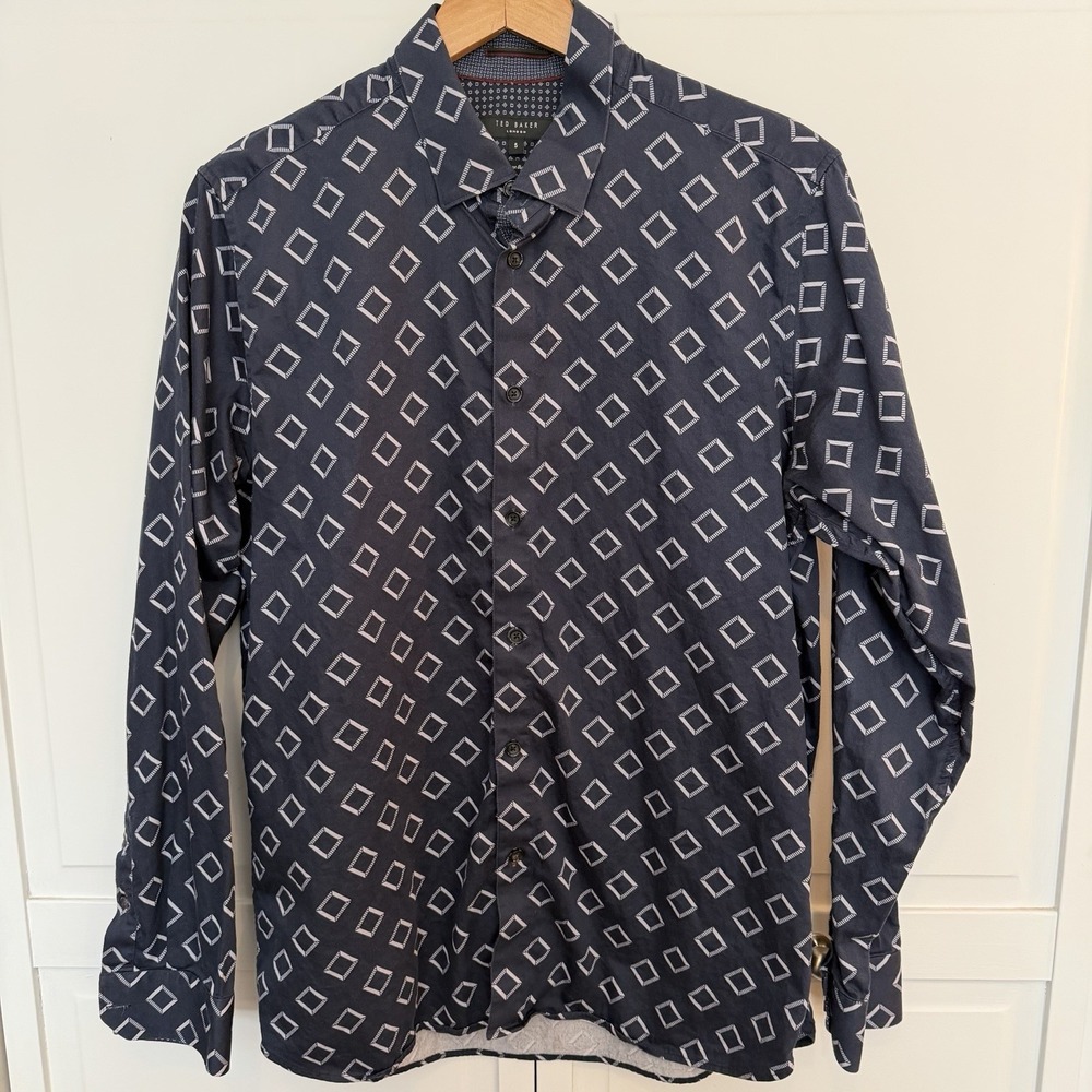 Ted Baker London Dress‎ Shirt Men's XL Button Down Geo Print Long Sleeve Navy
